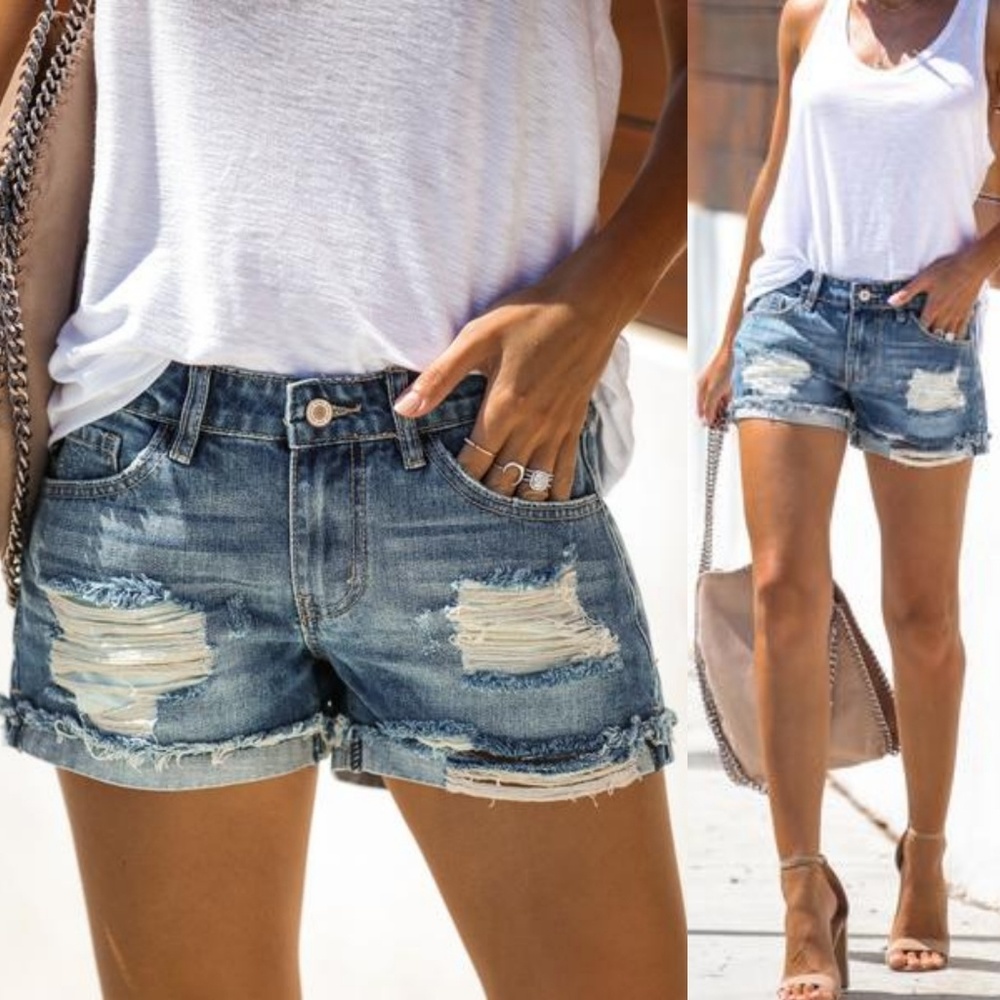 Distressed ripped denim jeans shorts cutoff cuffed - Picture 3 of 6